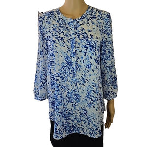 NYDJ Women's White and Blue Long Sleeve Pleated Back Blouse Size Medium